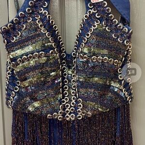 Elegant Backless Beaded Dress - Blue